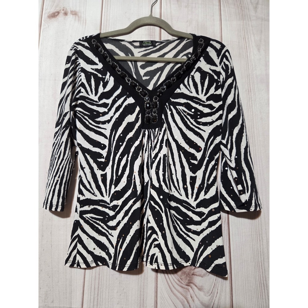 Shannon Ford New York Zebra Print Sequin Beaded V-Neck Top Black White S